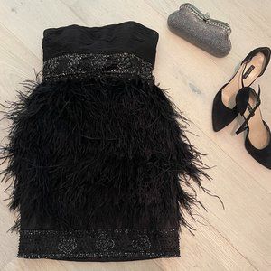 Sue Wong Strapless Feather Empire Sheath Dress